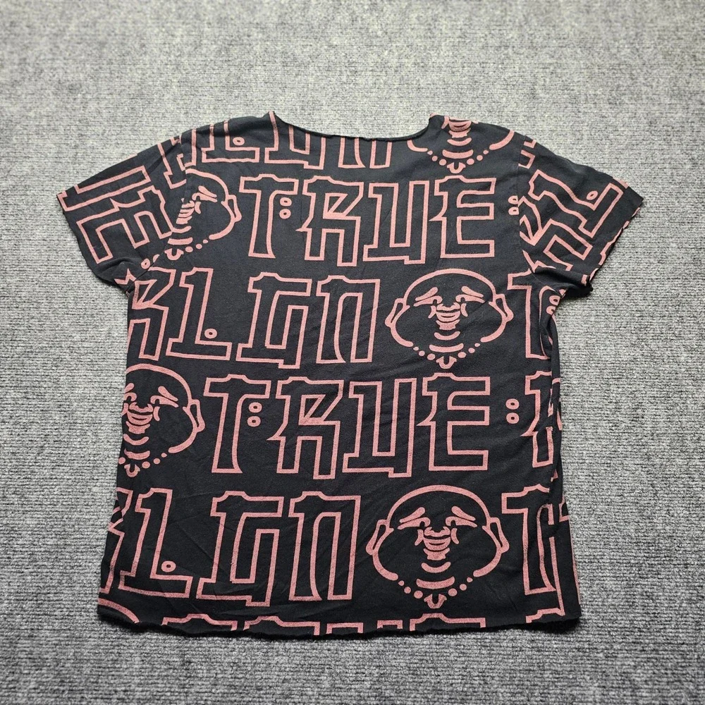 True Religion Buddha All Over Print Cut Off Raw Hem Tee Black Pink Medium